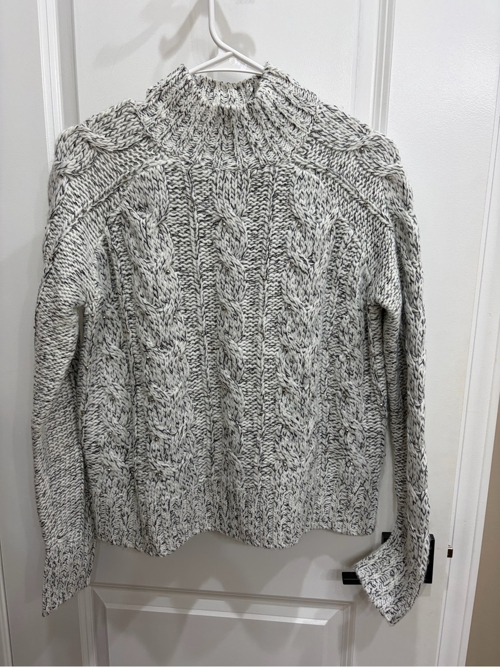 Chunky Cable Knit Mock Neck Sweater - Cream/Gray